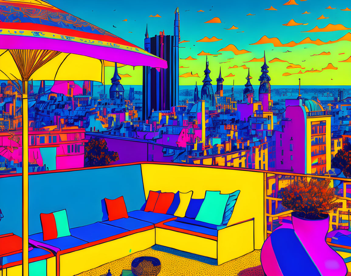 Surreal cityscape with vibrant colors and mix of architectural styles