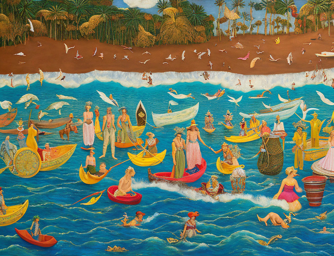 Colorful painting of people, boats, and tropical scenery with rich detail.