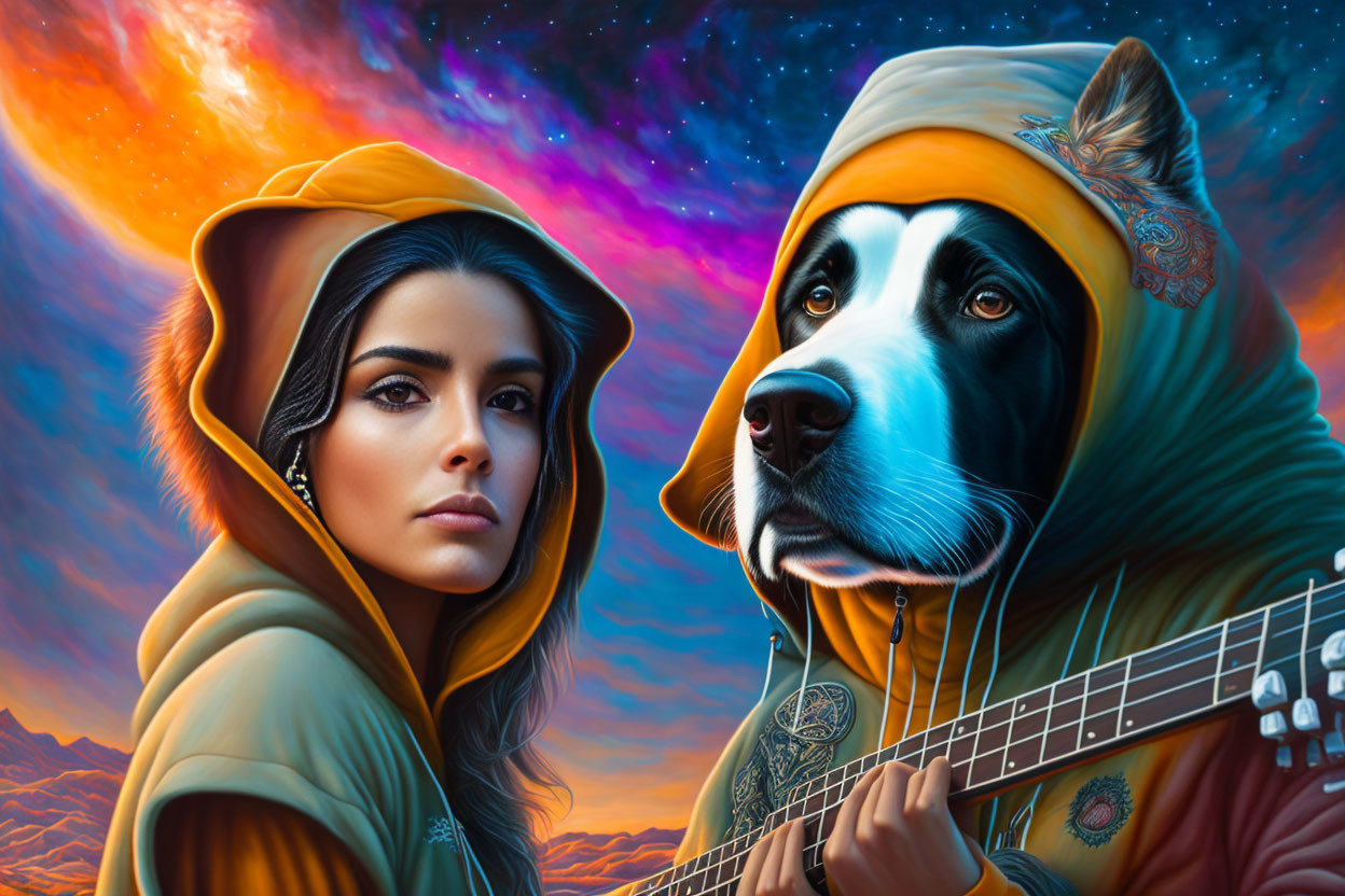 Woman and anthropomorphic dog in hooded cloaks at vibrant sunset.