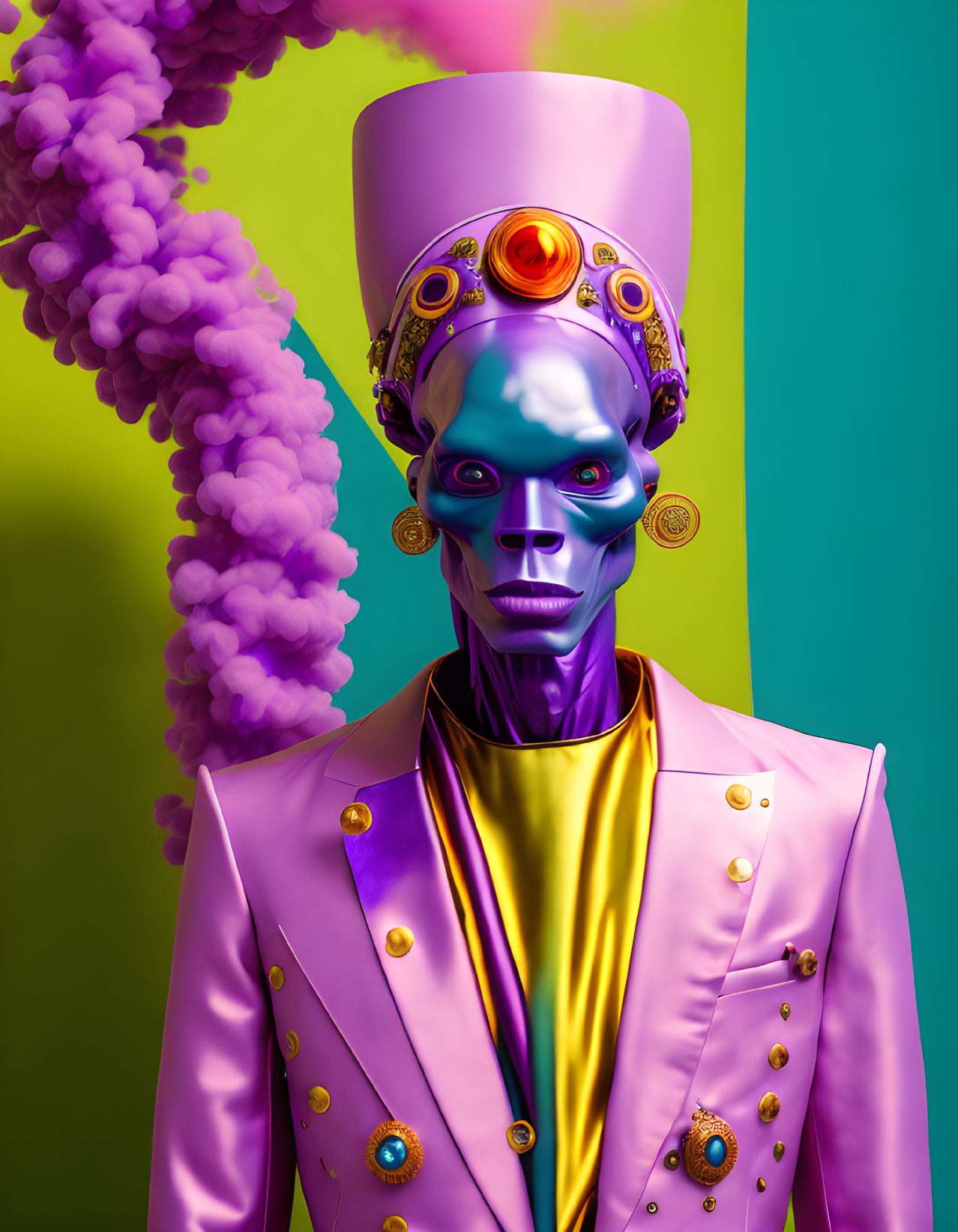 Colorful surreal portrait with figure in blue skin, purple hat, and pink jacket on split green and