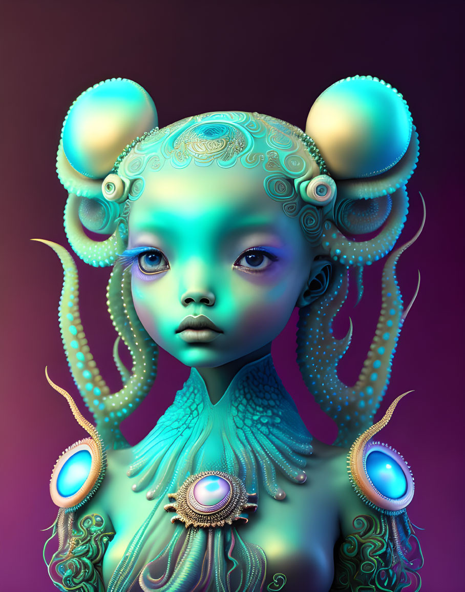 Fantastical creature digital art portrait with greenish skin and tentacle-like hair