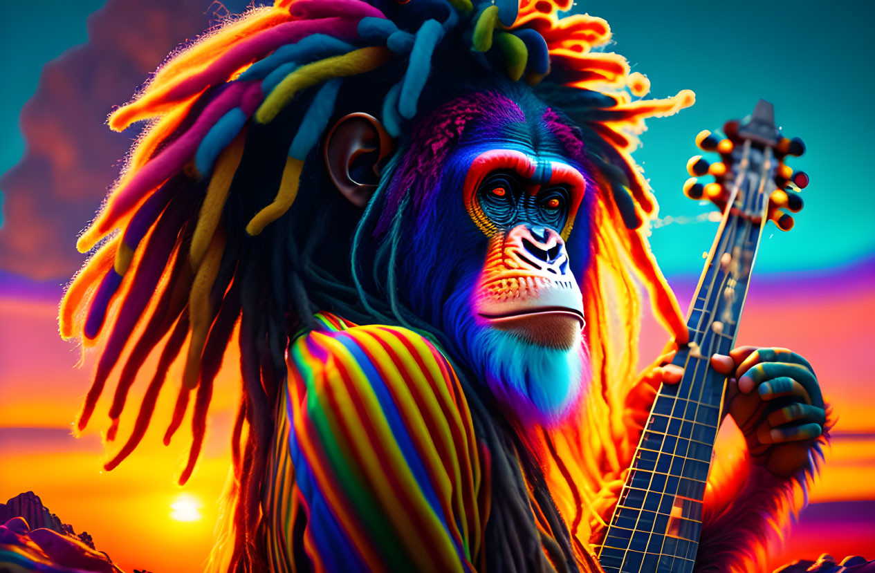 Colorful Rastafarian-styled baboon playing guitar under psychedelic sunset.