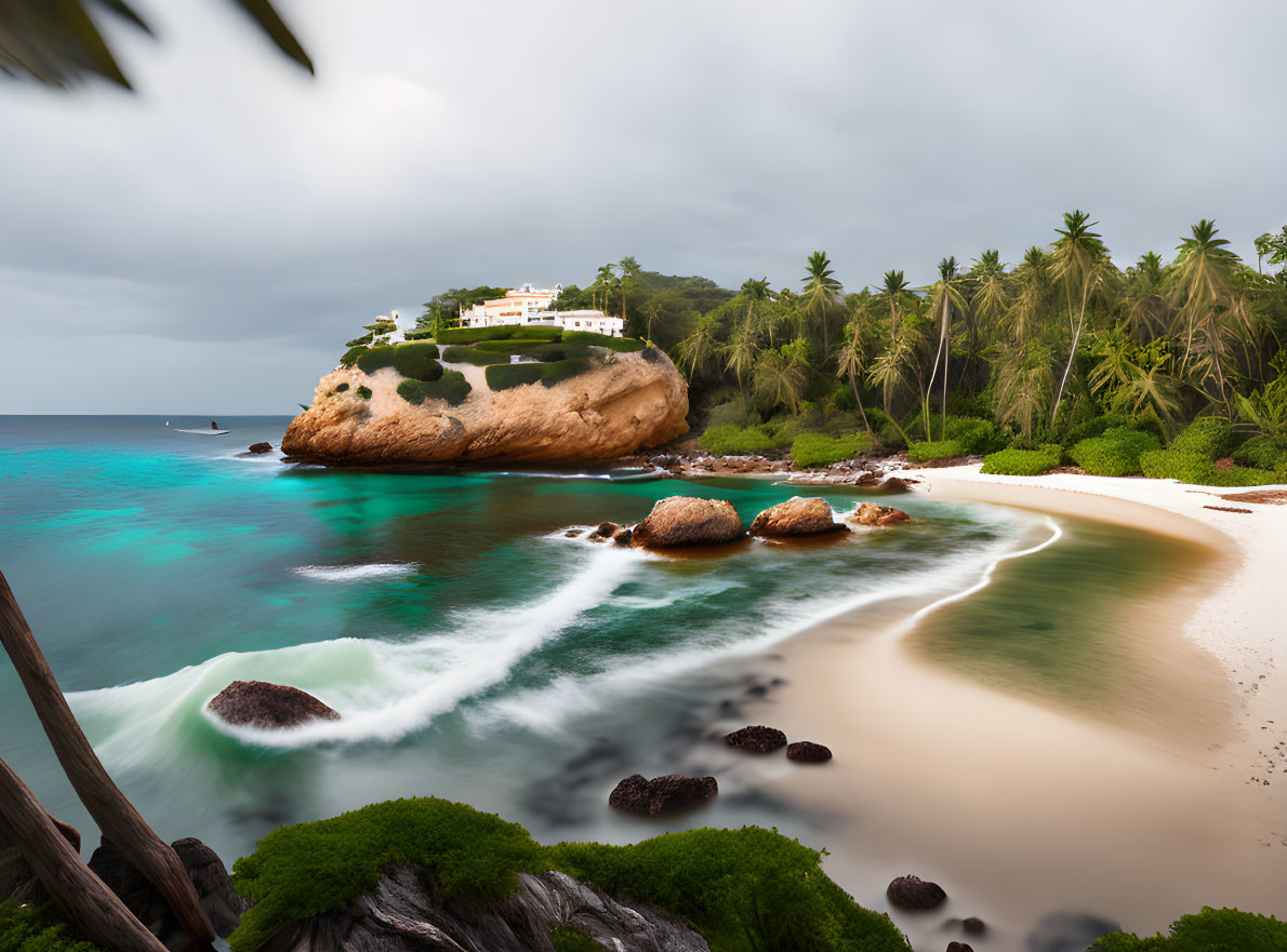 Tranquil Beach Scene with House on Rock Amid Tropical Greenery