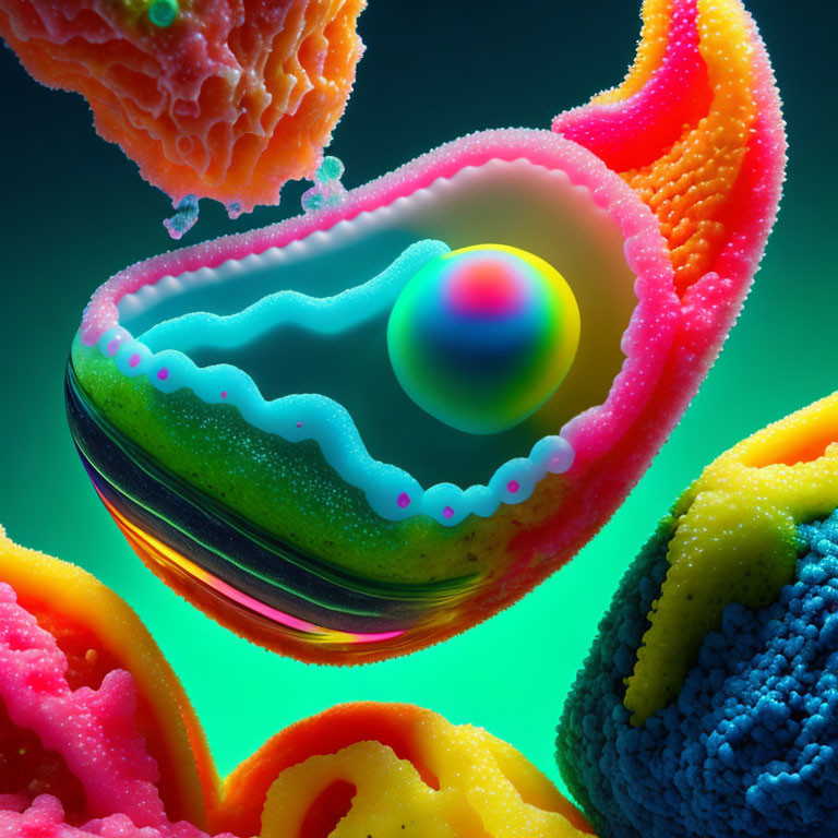 Colorful abstract composition with central cell-like structure on teal backdrop