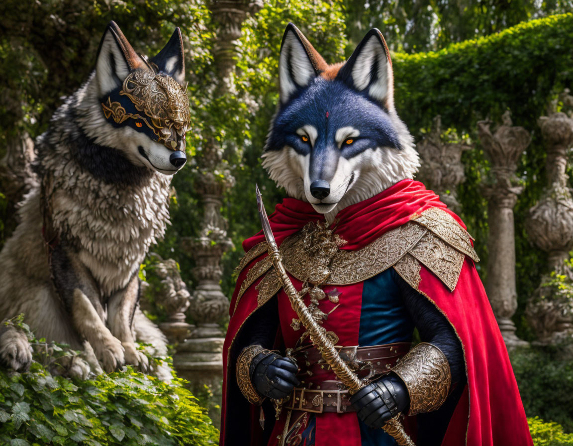 Elaborate wolf costume next to realistic wolf sculpture in lush garden