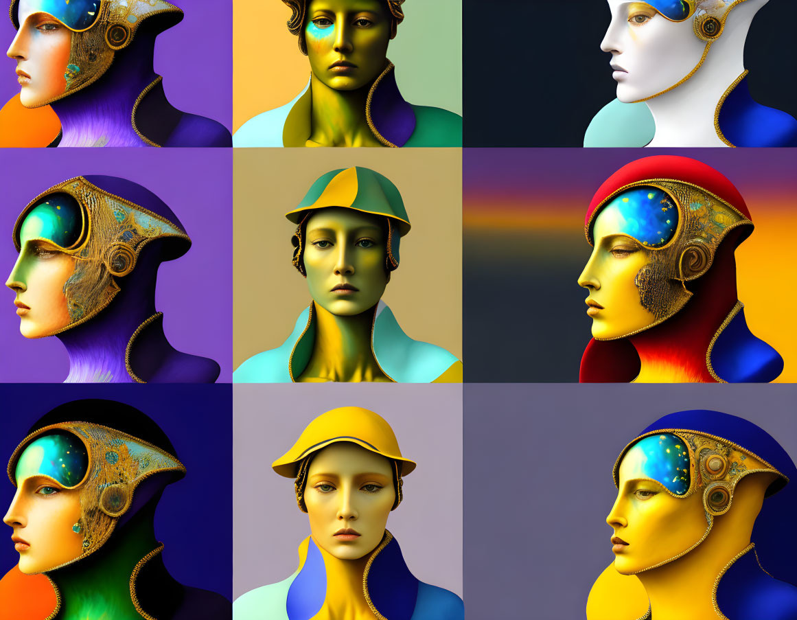 Nine Stylized Futuristic Helmet Portraits with Vibrant Colors