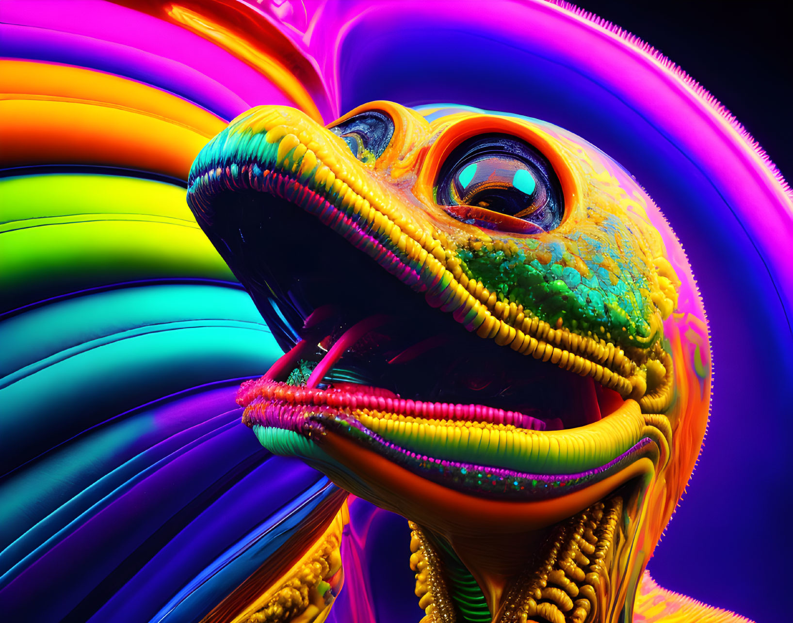 Colorful Chameleon Artwork with Neon Spiral Background