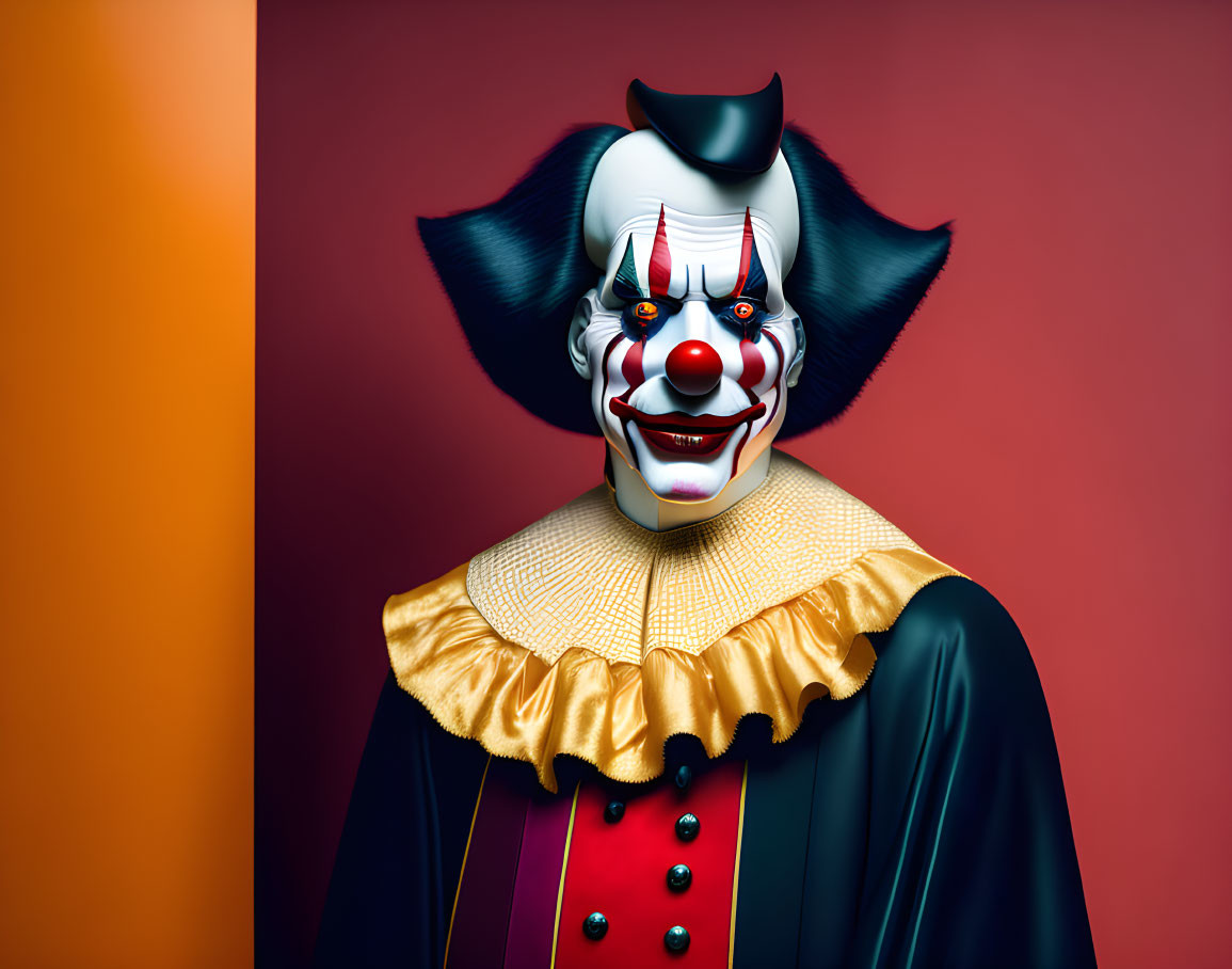 Menacing clown digital illustration in black and gold attire on red-orange background