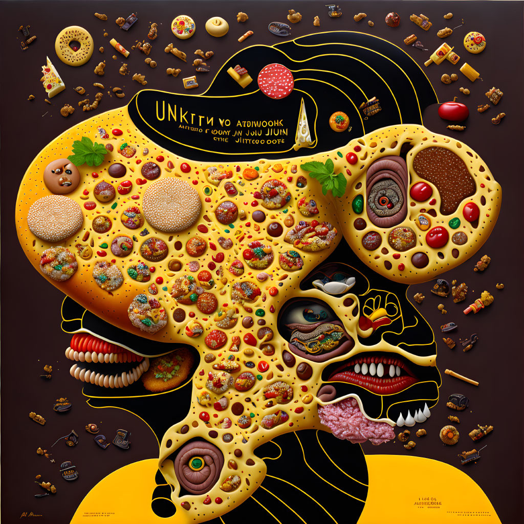 Vibrant digital artwork: face with food items in circular pattern