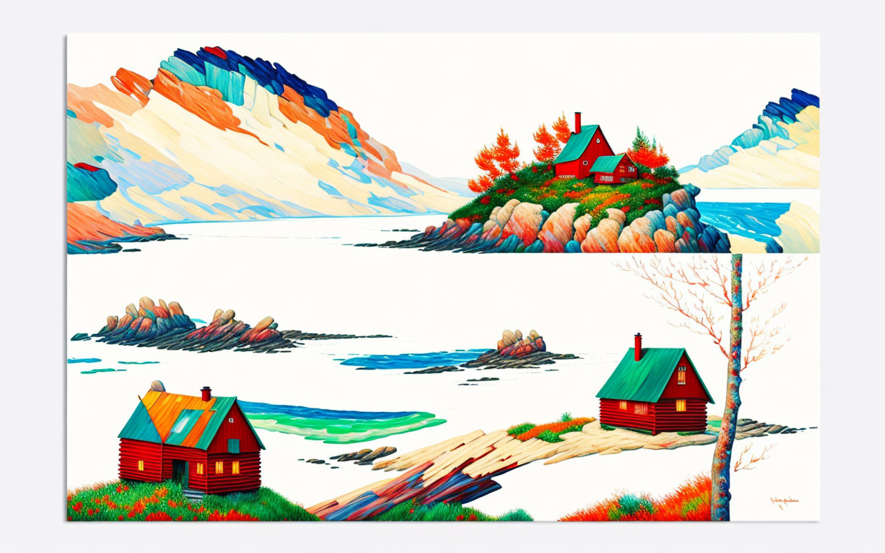 Colorful Stylized Landscape Paintings of Red-Roofed Houses