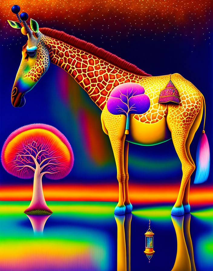 Colorful surreal illustration: Giraffe with patterned body above mirrored surface, reflecting psychedelic tree and lamp