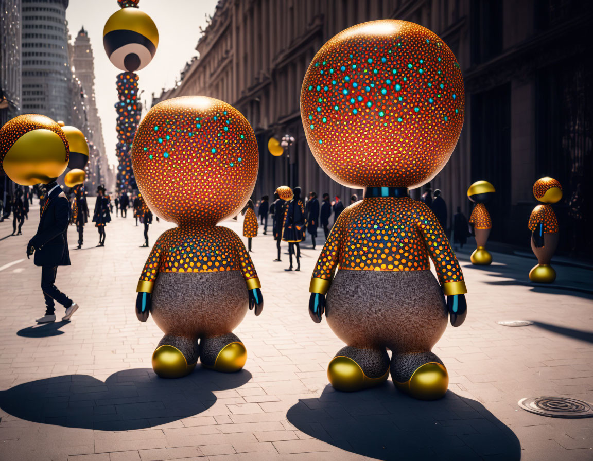 Patterned, oversized heads on golden figures in city street scene