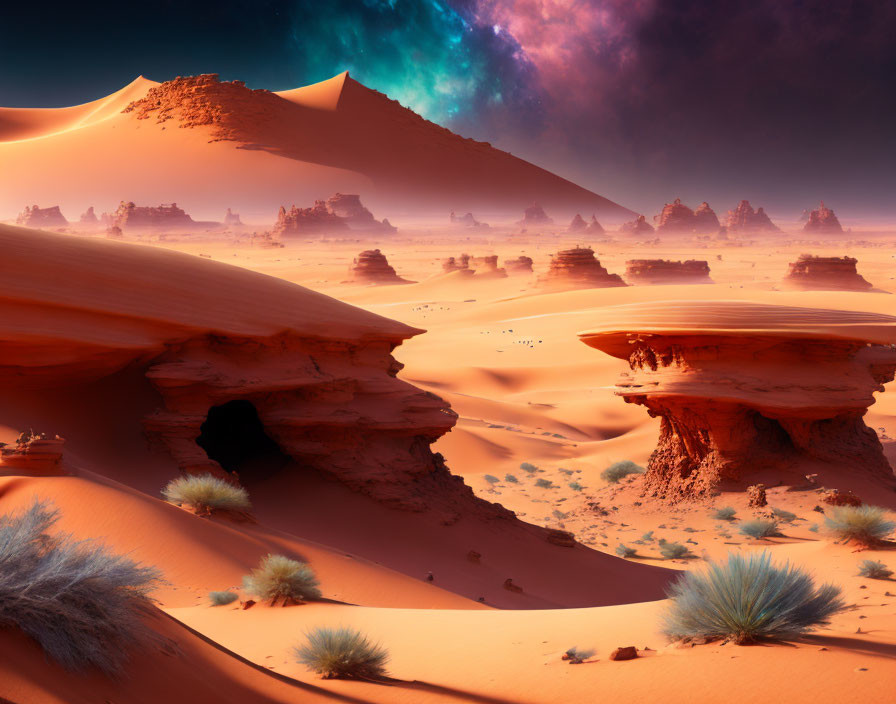 Vivid desert landscape at dusk with eroded rock formations and aurora sky