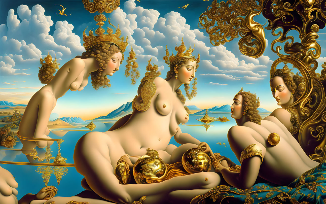 Surreal artwork: Four feminine figures in gold against intricate landscape.