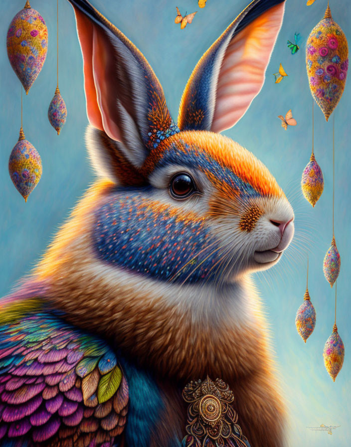 Colorful Rabbit Illustration with Ornaments and Butterflies on Blue Background