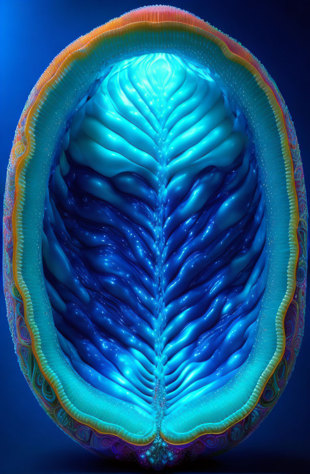 Detailed 3D rendering of blue brain structure with intricate folds in colorful shell