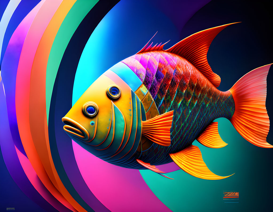 Colorful Stylized Fish Artwork with Swirling Background