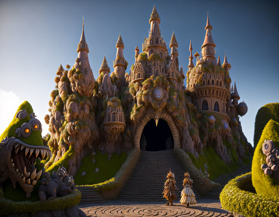 Fantasy castle with spires, regal figures, and monstrous shrubbery