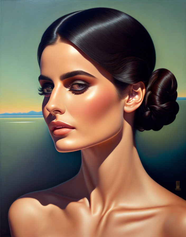 Woman with Sleek Bun Hairstyle & Striking Makeup in Digital Portrait