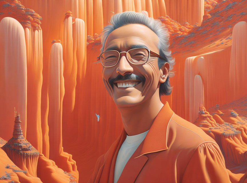 Smiling man in orange suit against surreal landscape