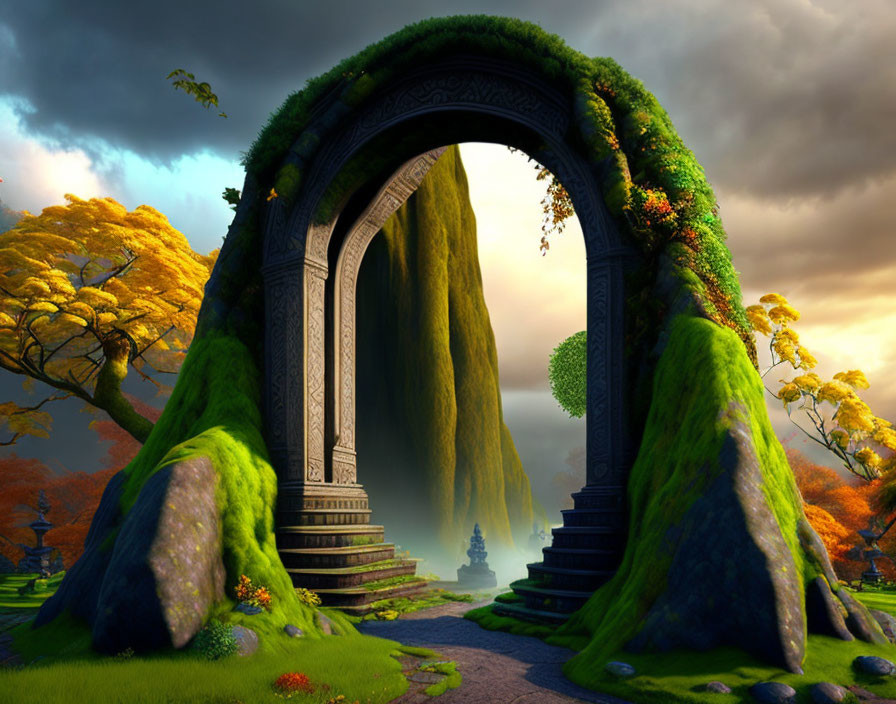 Ornate stone archway in lush fantasy landscape