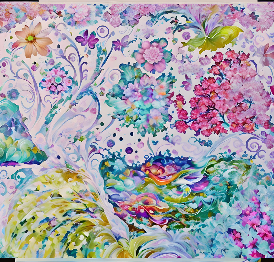 Colorful Abstract Painting with Flowers and Nature-inspired Patterns