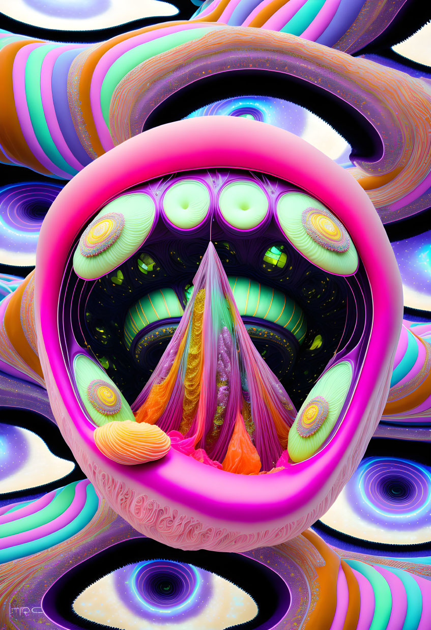 Colorful Psychedelic Digital Artwork with Abstract Shapes and Eye Patterns