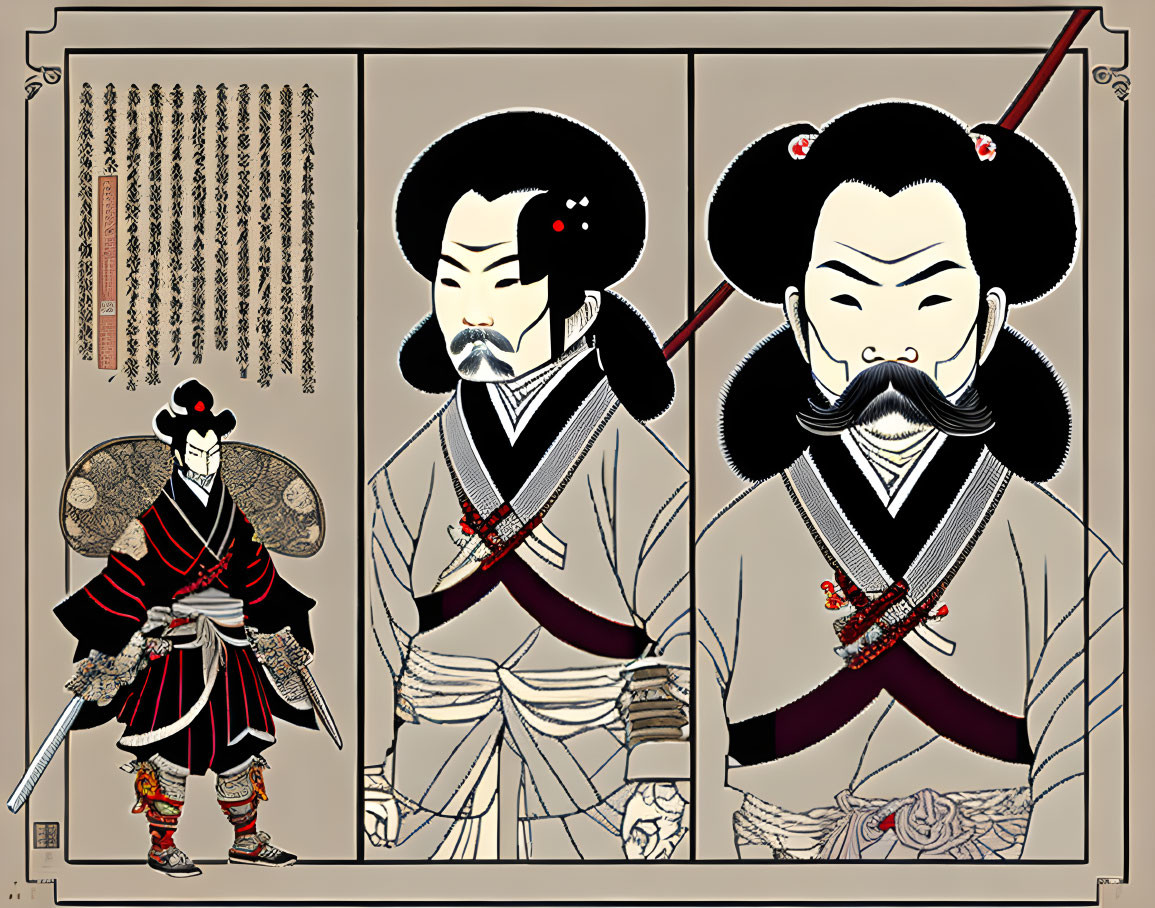 Japanese Ukiyo-e Style Panels: Samurai Warriors with Ornate Armor and Weapons