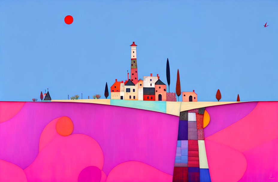 Colorful abstract painting with whimsical architecture, landscape, red balloon, and bird