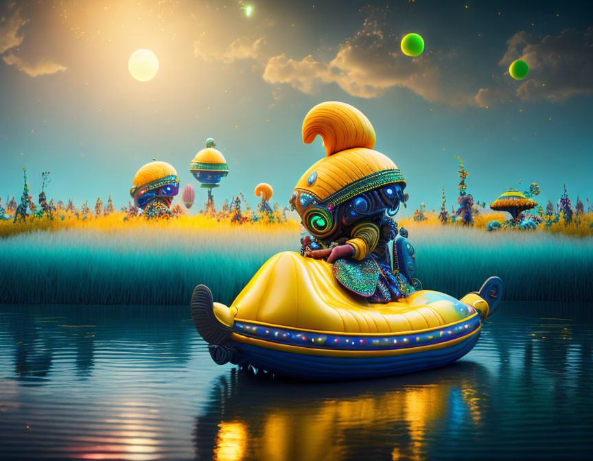 Alien in Yellow Inflatable Boat Surrounded by Surreal Landscape