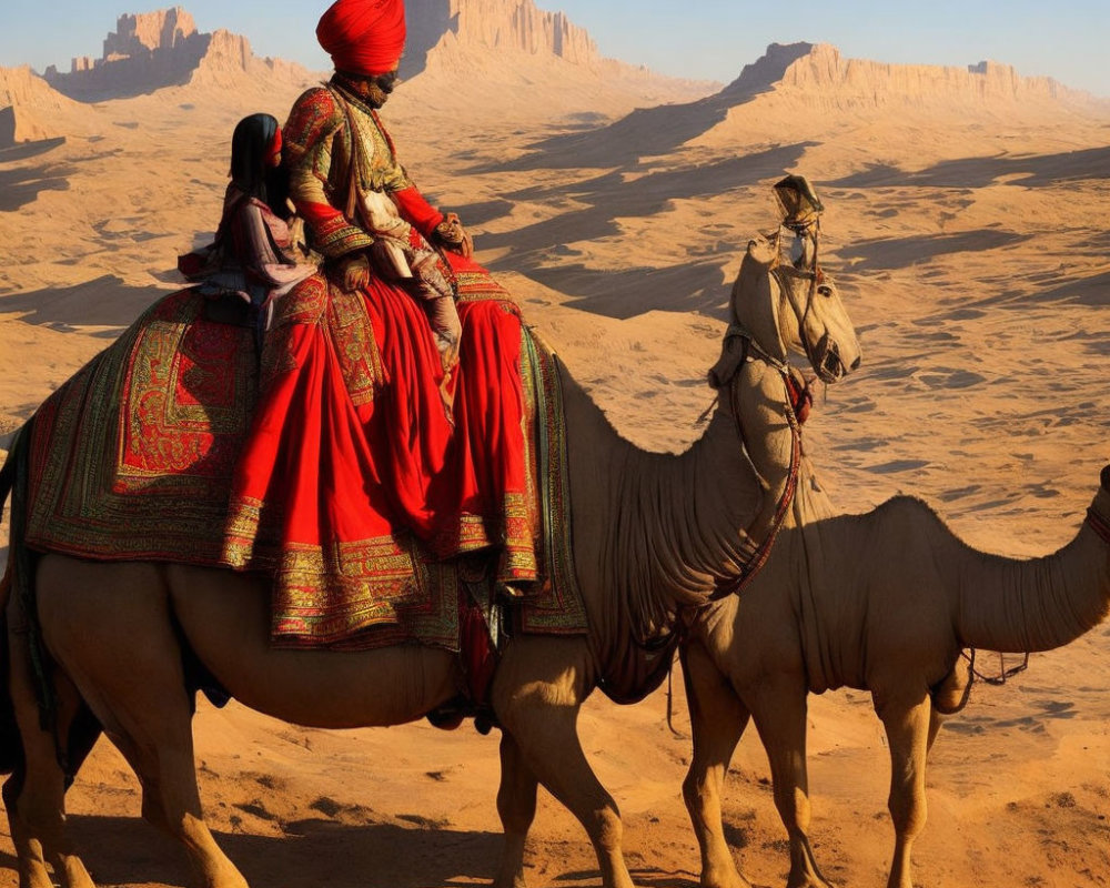 Traditional desert scene: person on camel with guide in rocky landscape