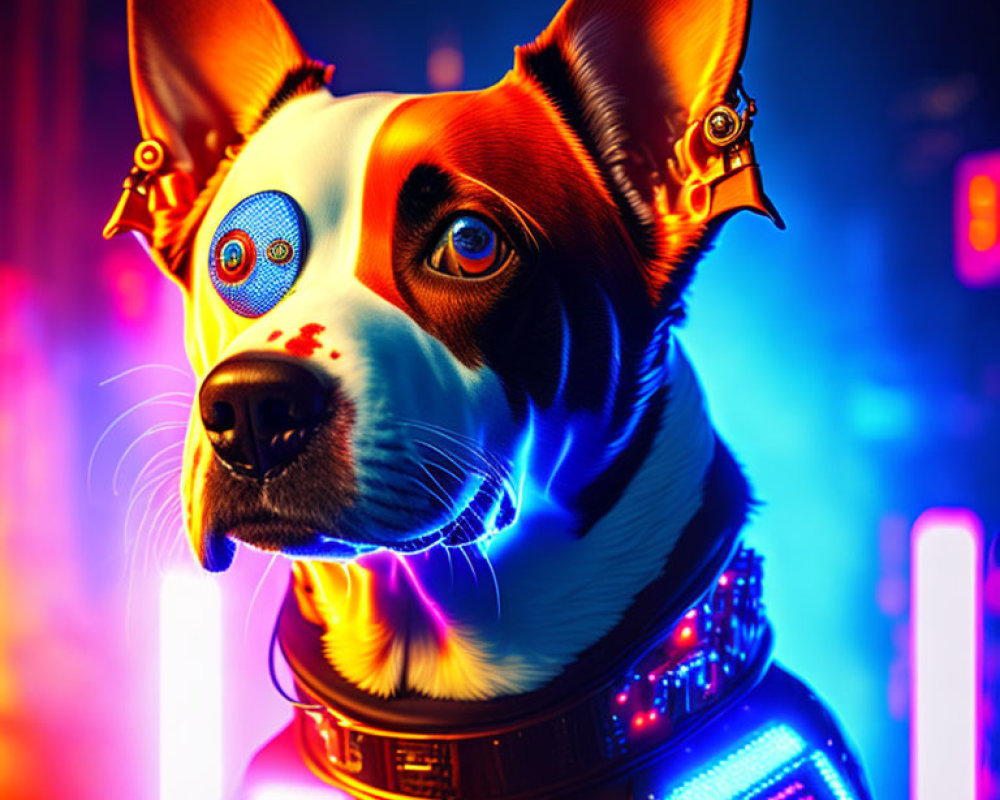 Cybernetic Dog with Mechanical Enhancements in Neon-lit Futuristic Setting