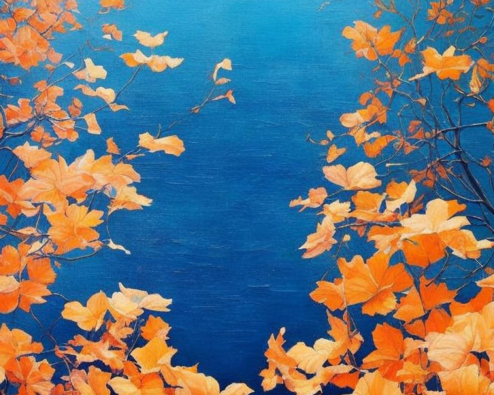 Autumn leaves border bright blue canvas in serene contrast