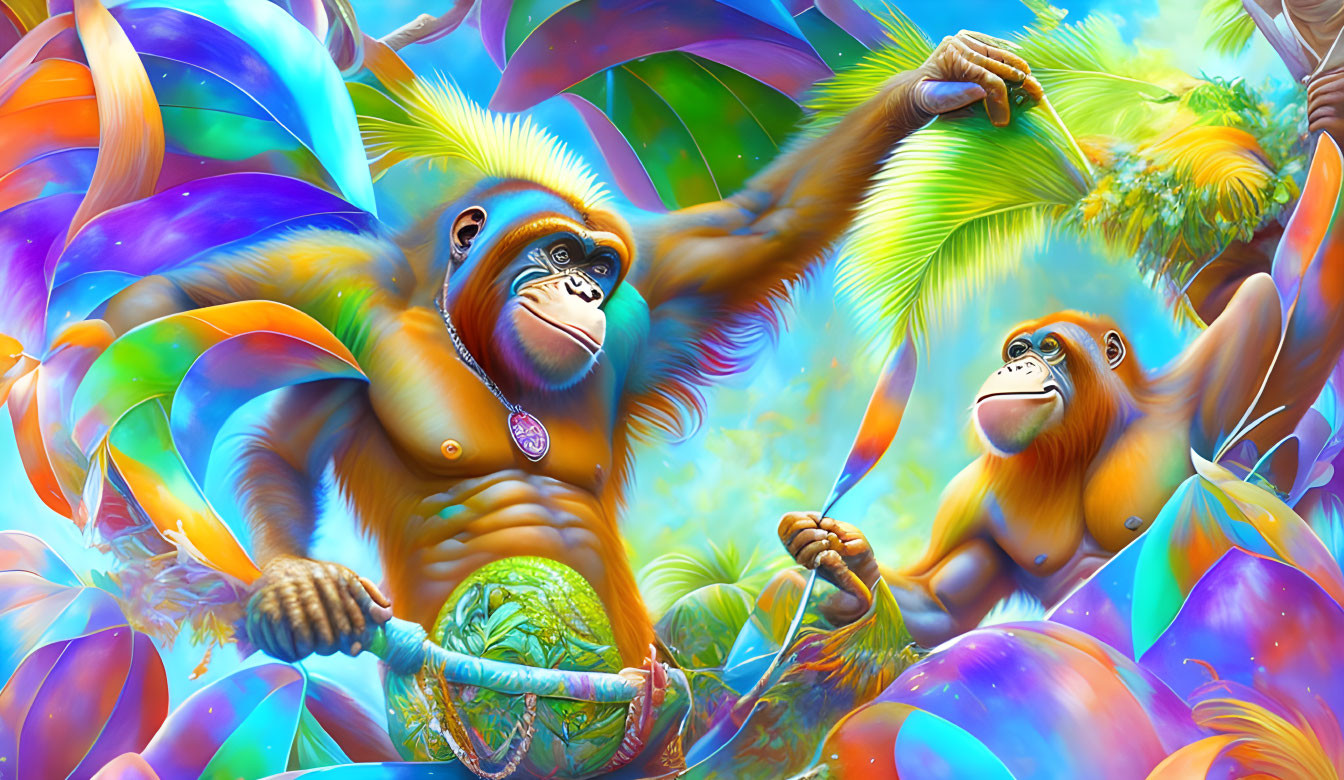 Vibrant illustration of two animated monkeys in exotic jungle setting