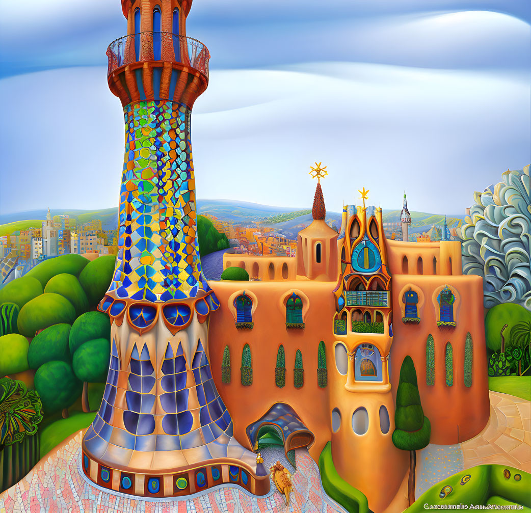 Colorful illustration of Gaudí's Park Güell and Casa Batlló architecture