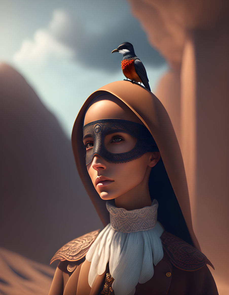 Woman in desert attire with bird on head in front of sandstone formations