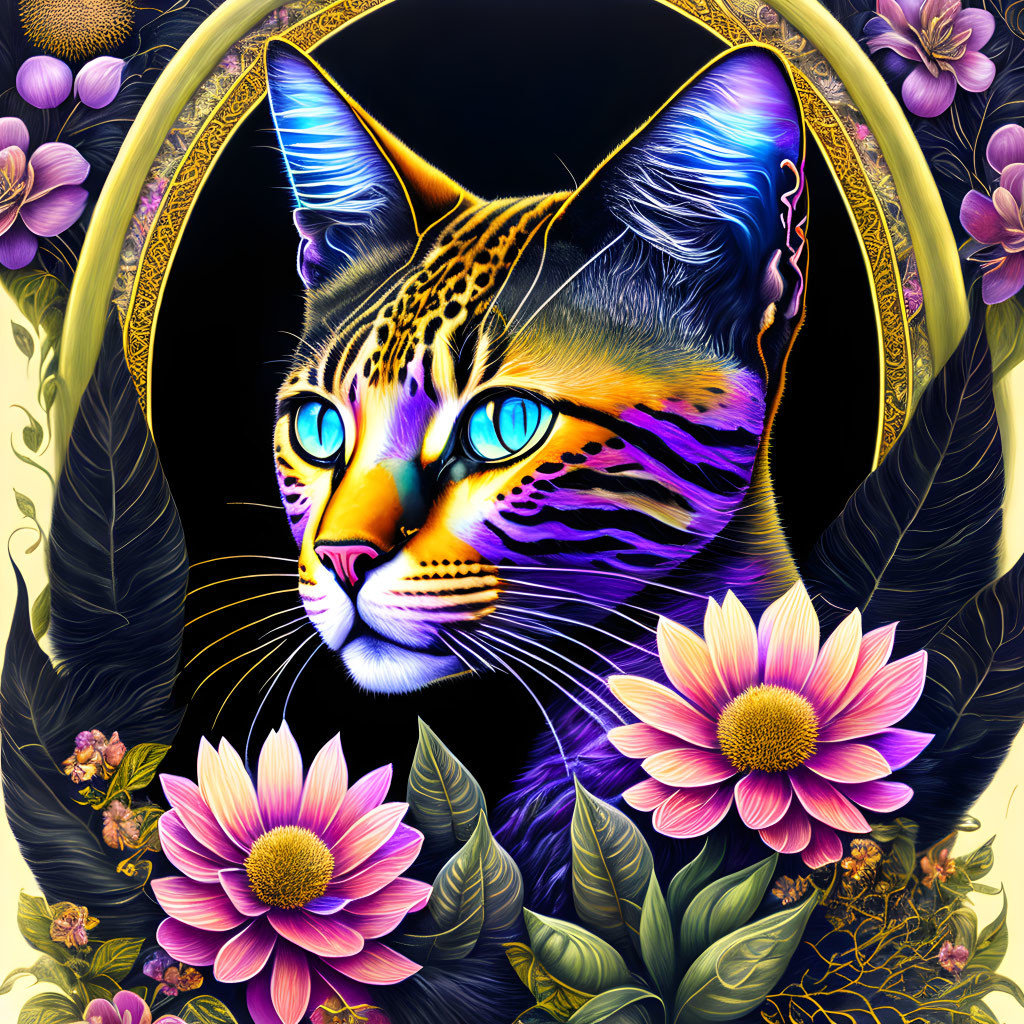 Colorful feline with blue eyes in floral setting on black background