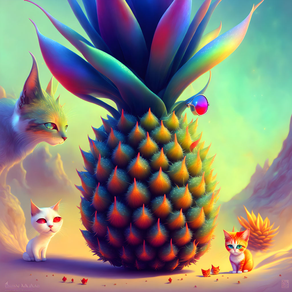 Colorful digital artwork: Giant pineapple with whimsical cats under luminous sky