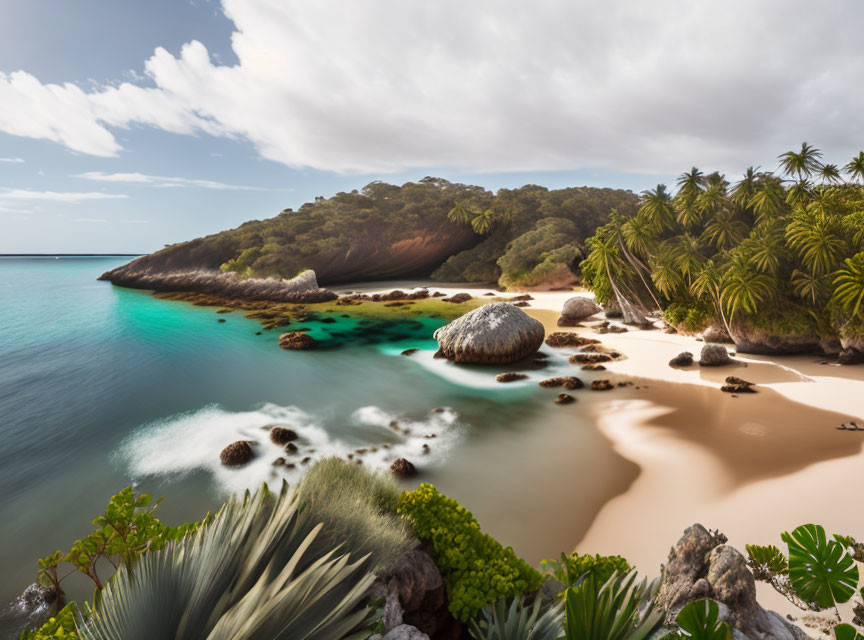 Lush Greenery, White Sand, Turquoise Water Beach Scene