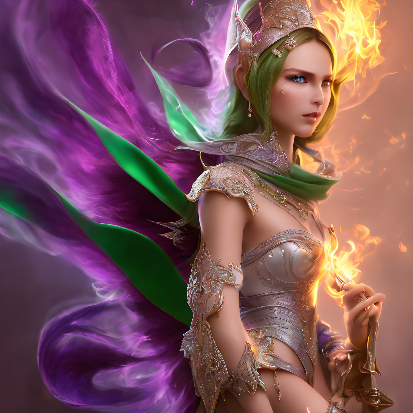 Fiery-haired woman in ornate armor with pointed ears and purple aura