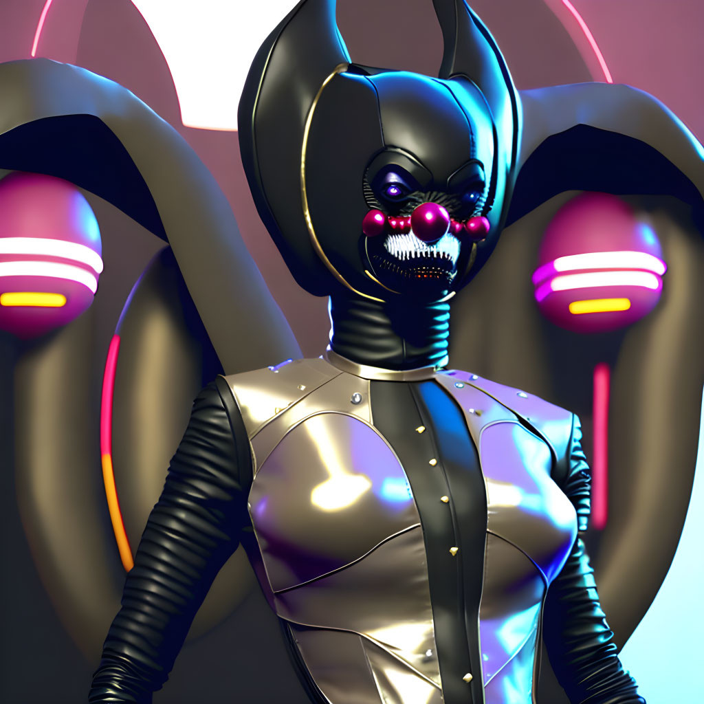 Futuristic robotic character in black and silver bodysuit with bat-like ears and pink glowing eyes