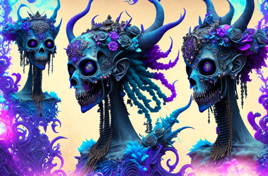 Ornate fantasy skulls with large horns and floral designs on purple and blue backdrop