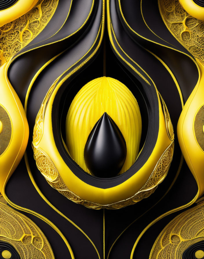 Abstract Image: Central Black Teardrop Surrounded by Yellow and Black Symmetrical Patterns and Golden Details