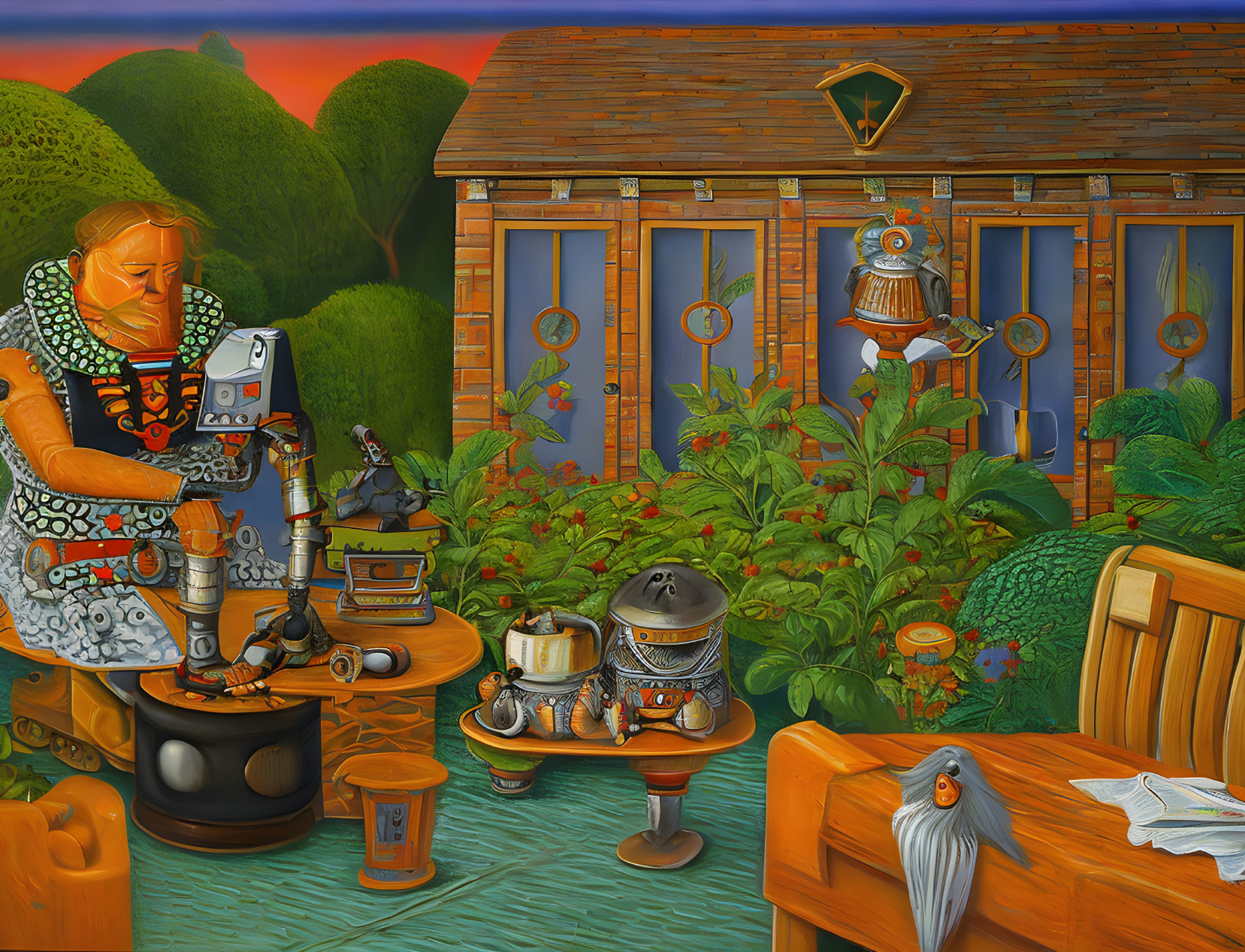 Colorful painting: Room with robotic figure brewing tea, surrounded by plants and whimsical robot companions,