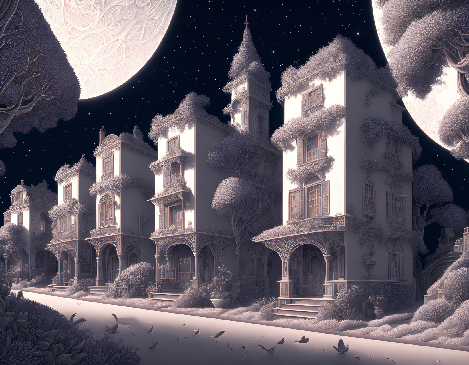 Monochromatic nighttime scene with Victorian houses, detailed moon, and shaped trees