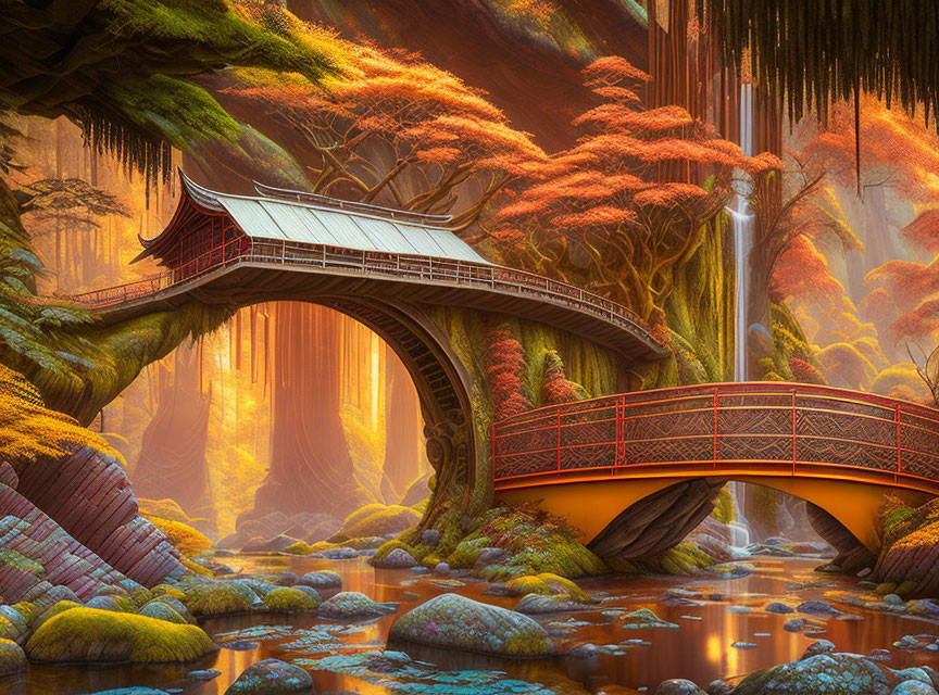 Ornate bridge over stream in mystical forest with golden foliage and waterfall