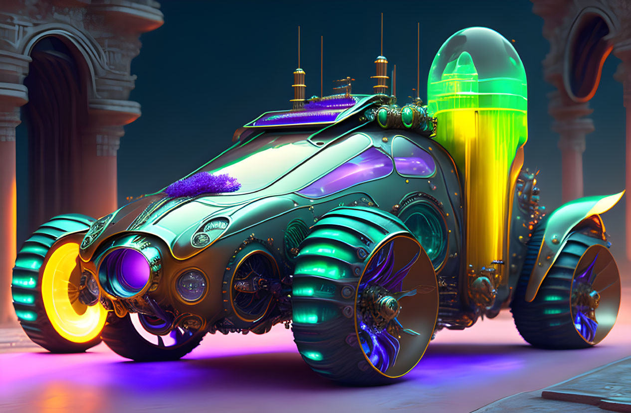 Futuristic Car with Neon Highlights in Sci-Fi Setting