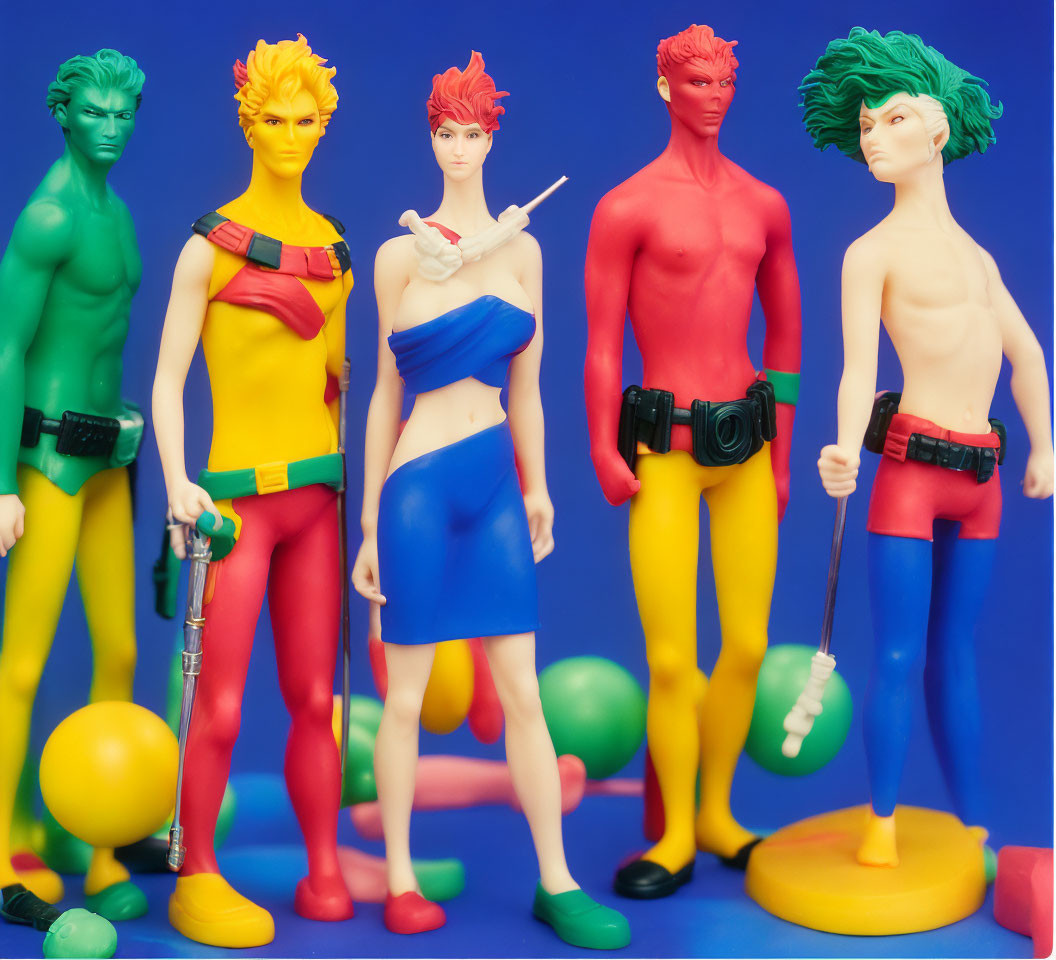 Colorful Stylized Figurines with Unique Hairstyles and Outfits on Blue Backdrop