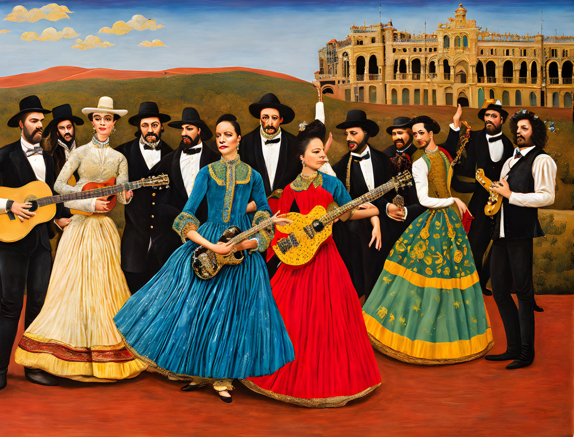 Colorful Mexican Musicians and Dancers in Traditional Attire with Bullfighting Arena