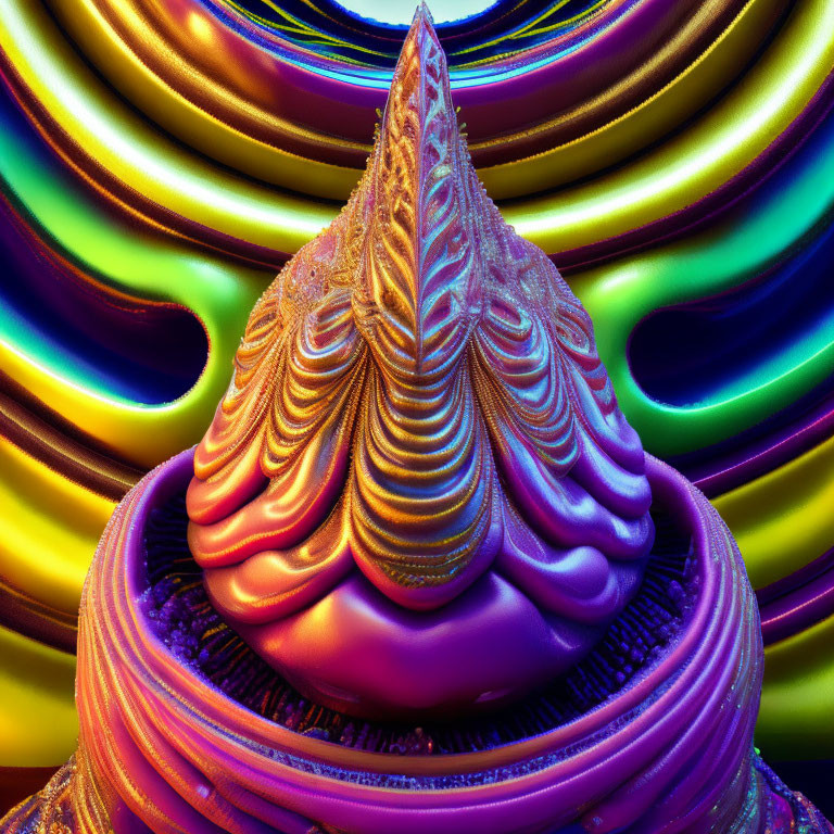 Colorful fractal art of mountain peak and concentric waves